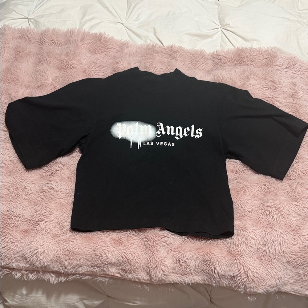 Palm Angels Black Cropped Kids Tee with White Logo